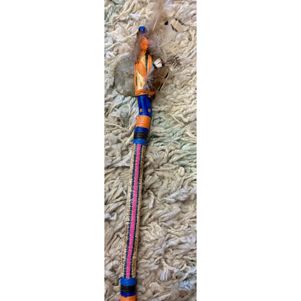 Handmade Decorative Talking Stick Ceremonial Wand with Flint Stone and Feathers
